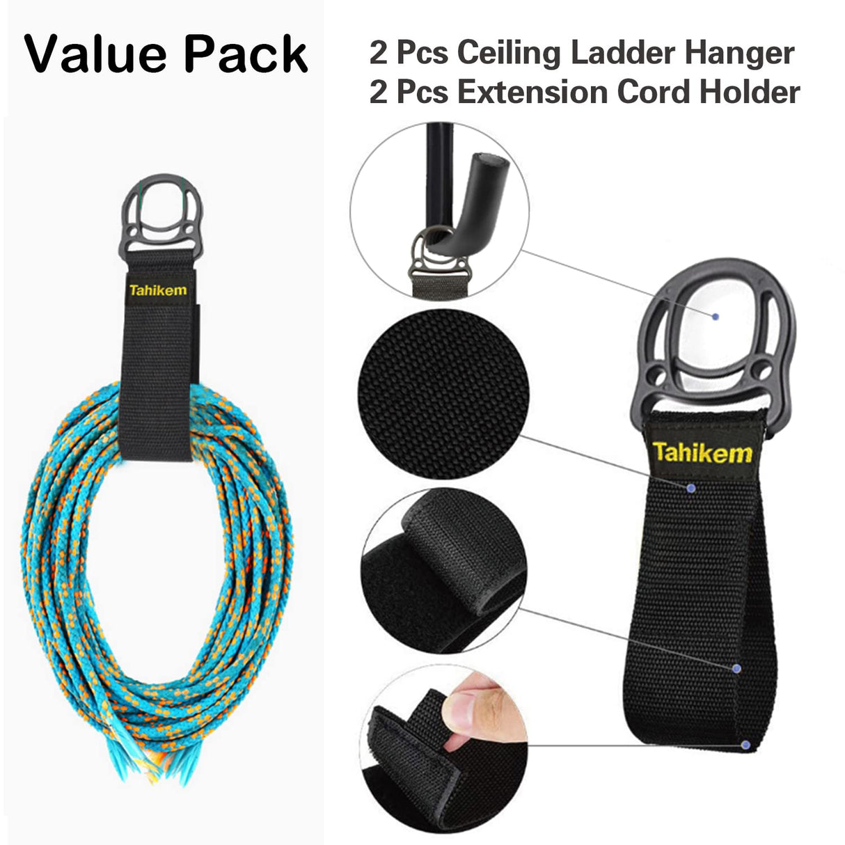 Tahikem 2 Set Overhead Garage Storage Rack, Heavy Duty Overhead Storage Double Hook, Ceiling Mount Hanger Safe Racks Hooks, Hanging for Lumber Ladder Tahikem