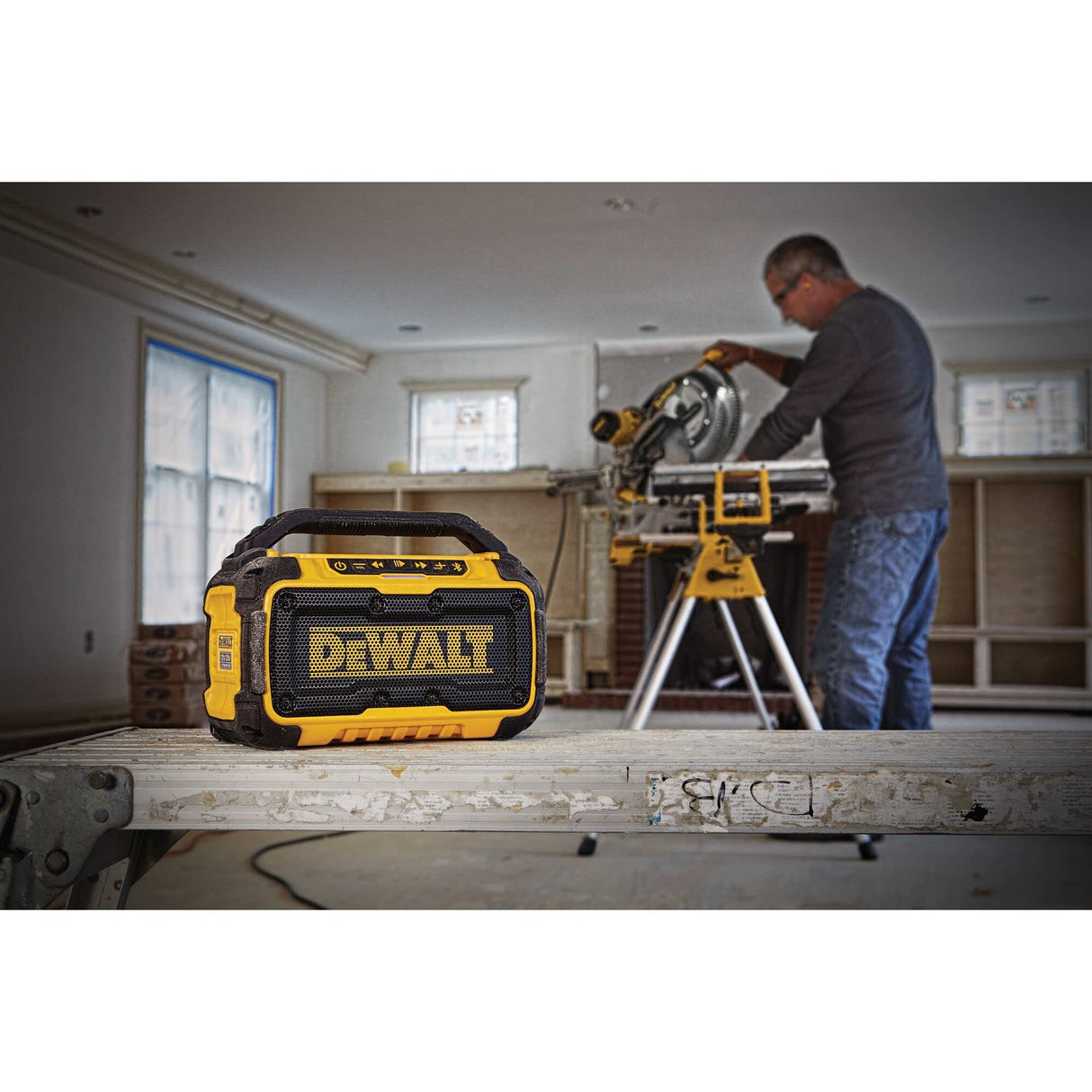 DEWALT 20V MAX Bluetooth Speaker, 100 ft Range, Durable for Jobsites, Phone Holder Included, Lasts 8-10 Hours with Single Charge (DCR010), DEWALT