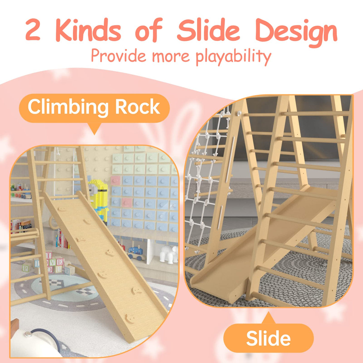 Toddler Climbing Toys Indoor, 66inch Indoor Jungle Gym, 8-in-1 Wooden Indoor Playground Set with Swing, Rock Climb Wall, Slide, Monkey Bars, Wood & YueYueFa