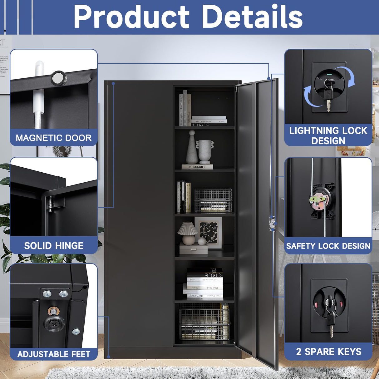 Anxxsu Metal Garage Storage Cabinet, 71" Locking Storage Cabinet with 2 Doors and 5 Adjustable Shelves, Lockable Metal Cabinet for Anxxsu