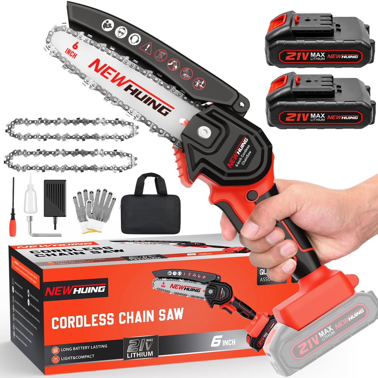 Mini Cordless Chainsaw Kit, Upgraded 6" One-Hand Handheld Electric Portable Chainsaw, 21V Rechargeable Battery Operated, for Tree Trimming and Branch New Huing