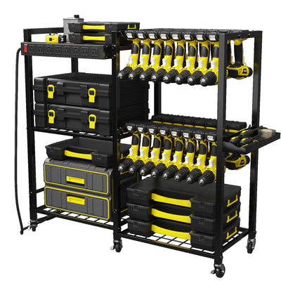 TC-HOMENY Power Tool Organizer Garage Storage with Charging Power Strip, 28 Drill Rack Tool Holder Racks Rolling Tool Cart on Wheels, Tool Shelf