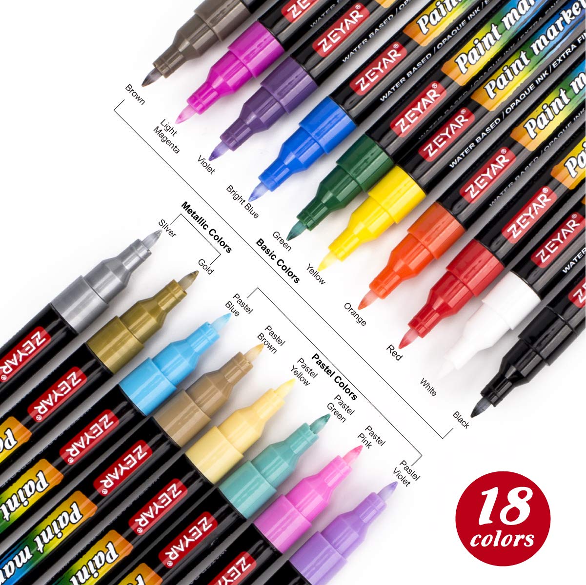 ZEYAR Premium Acrylic Paint Pen, Water Based, Extra Fine Point, 18 Colors, Odorless, Acid Free and Safe, Opaque Ink, Environmental Friendly, AP ZEYAR
