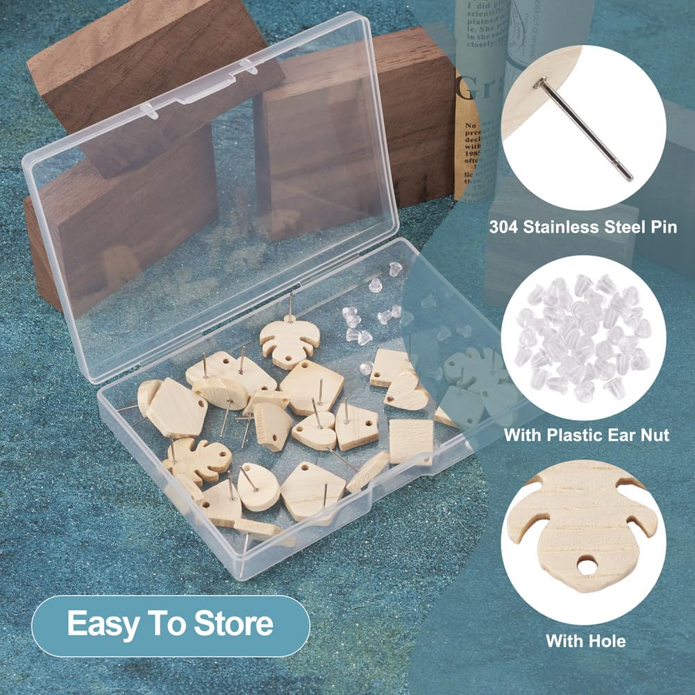 Fashewelry 32pcs Wood Stud Earring Findings White Ash Wood Earring Blanks with Loop Heart Teardrop Leaf Rectangle Trapezoid Pentagon Shape for Dangle FASHEWELRY