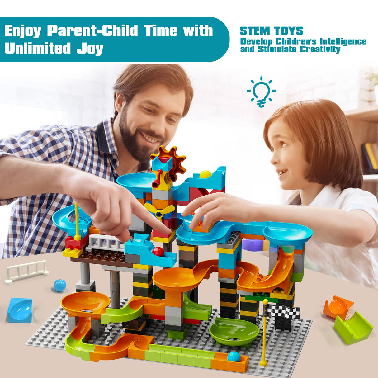 JIXIn Marble Run Building Blocks Compatible with LEGO DUPLO/3-IN-1 Multiplayer/Gear Handle Fun Marble Maze Blocks Building Toy Set/164 PCS Classic JIXIn