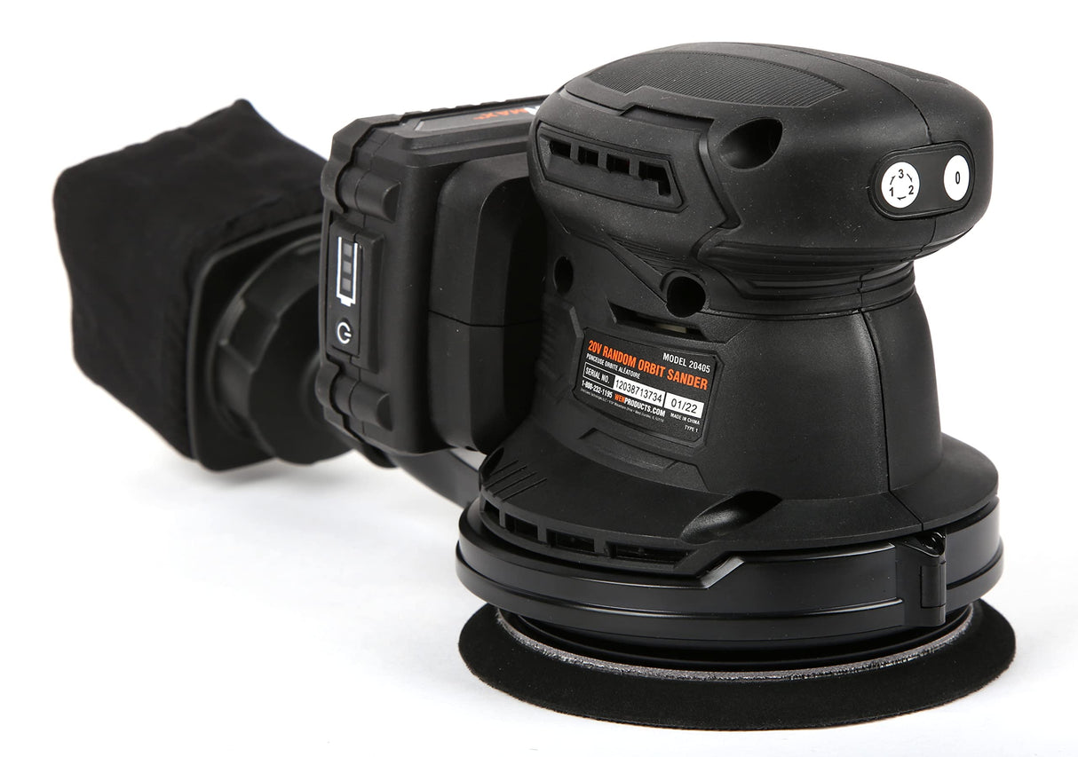 WEN Cordless Orbital Sander, Brushless with 5-Inch Random Orbit Pad, 20V Max 2.0 Ah Lithium-Ion Battery and Charger (20405),Black WEN
