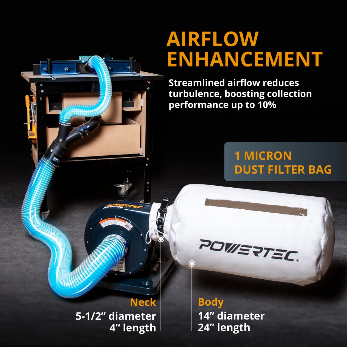 POWERTEC 1 HP, 560 CFM Portable Dust Collector with 1 Micron Dust Collector Bags, Dust Collectors for Woodworking Dust Collection System (DC5372) POWERTEC