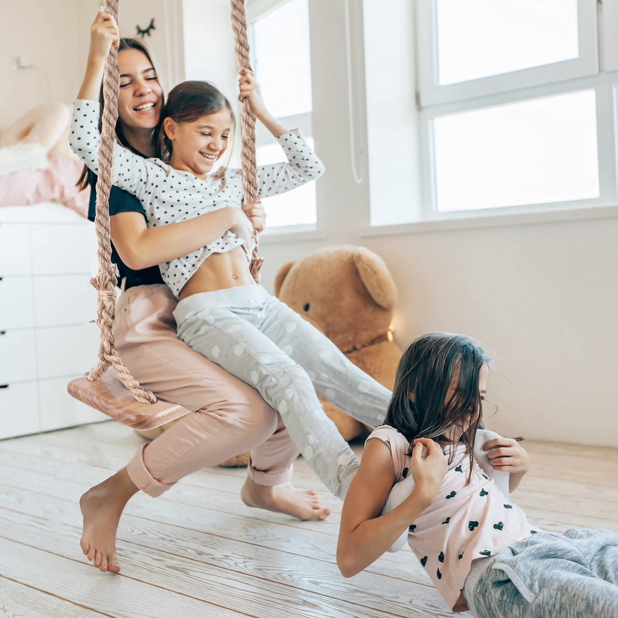 Premkid Hanging Wooden Swing, Swing Seat 24"x 8"x 1.2", Tree Swing for Adults Kids with 500lbs Load, Adjustable Hemp Rope Plus Tree Straps 100 inch, Premkid