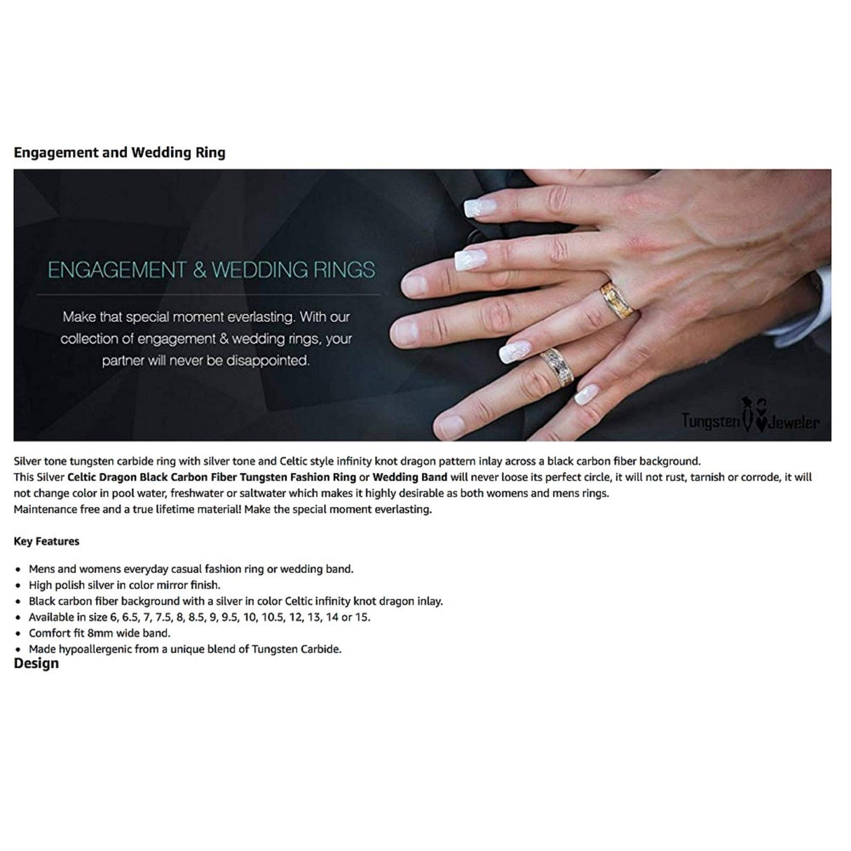 Free Personalized laser engraving Ring for Men and Ring for Women His & Her's 8MM/6MM Tungsten Carbide Celtic Knot Dragon Design Carbon Fiber Inlay Tungsten Jeweler