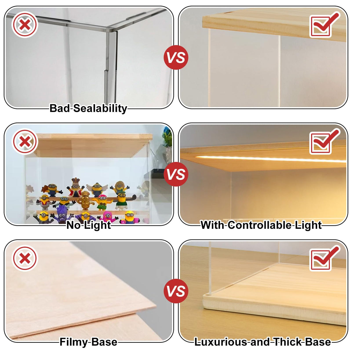 LANSCOERY Clear Acrylic Display Case with Light, Assemble 5 Tier Display Box Stand with Wooden Base, Dustproof Protection Showcase for Collectibles LANSCOERY