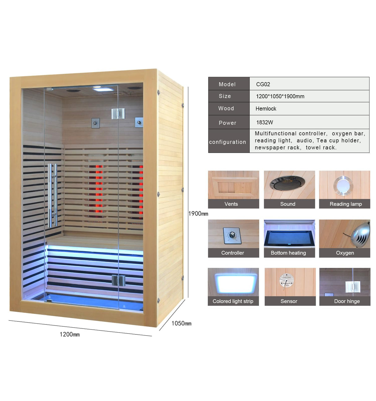 Infrared Sauna Room Wooden Canadian Hemlock Low EMF 2-3 Person 2080W Full Spectrum Sauna Room, Personal Home Spa Carbon Heater Sauna, WoodArtSupply