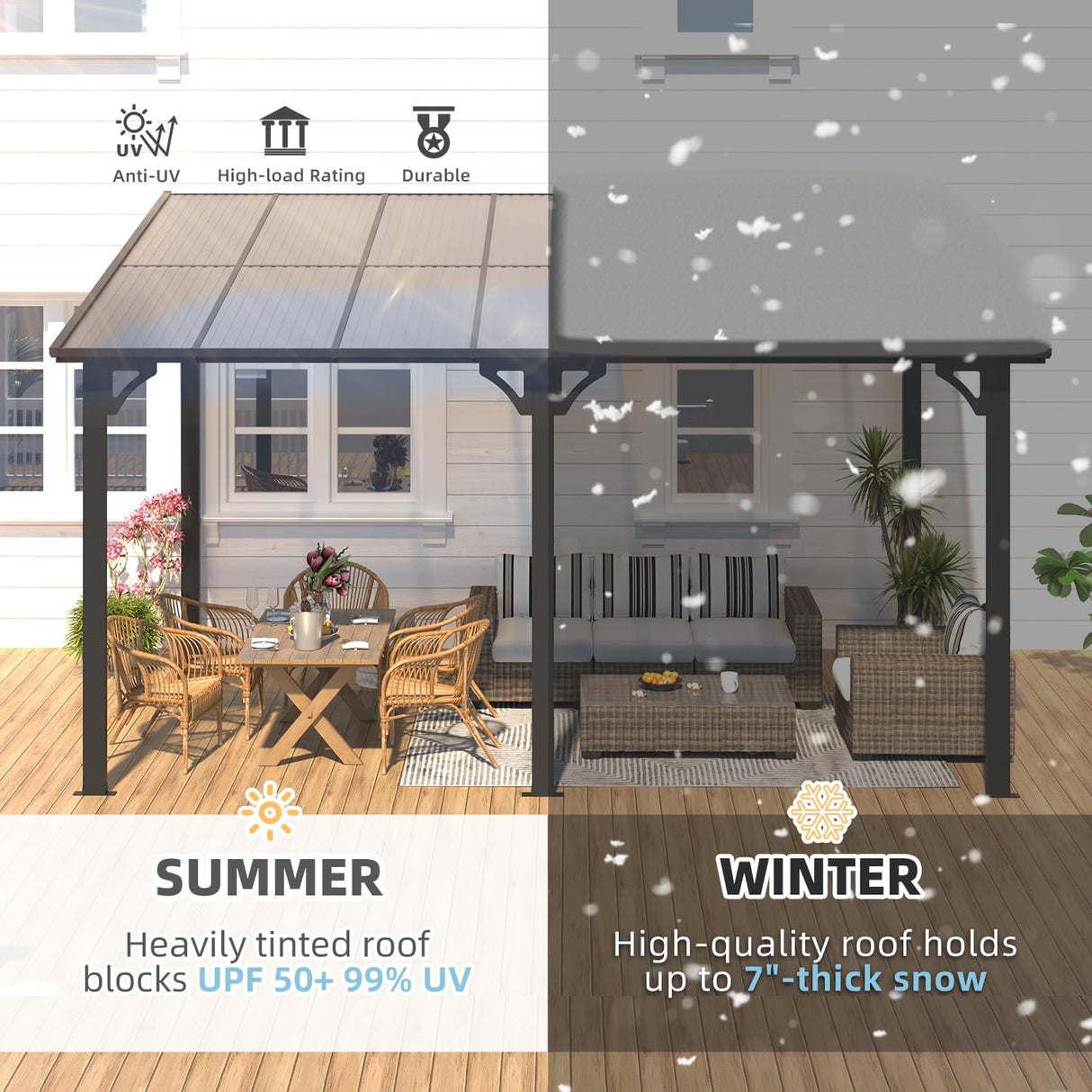 AECOJOY 14' x 10' Gazebo for Patio, Hard Top Lean to Gazebo Pergola with Roof (140 Sq.Ft Shaded), Large Wall-Mounted Heavy Duty Awnings for Patio, AECOJOY