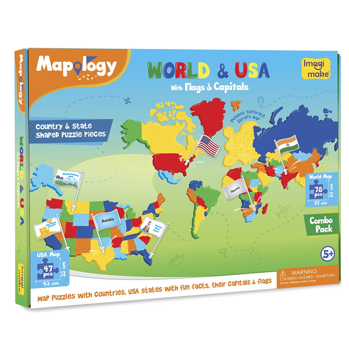 Imagimake Mapology United States & World Map Puzzle with Flags, Countries & Capitals | US Educational Toy for Kids 4-8 | Learn Geography Puzzle for Imagimake