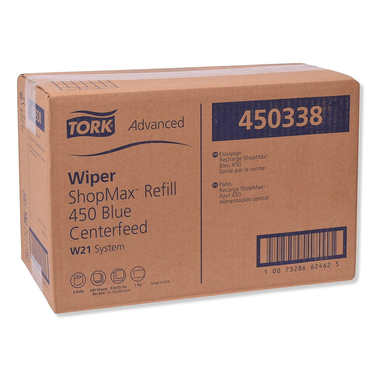 Tork ShopMax Heavy Duty Centerfeed Paper Towel Blue W22, High Absorbency, 450 Sheets, 450338 Tork