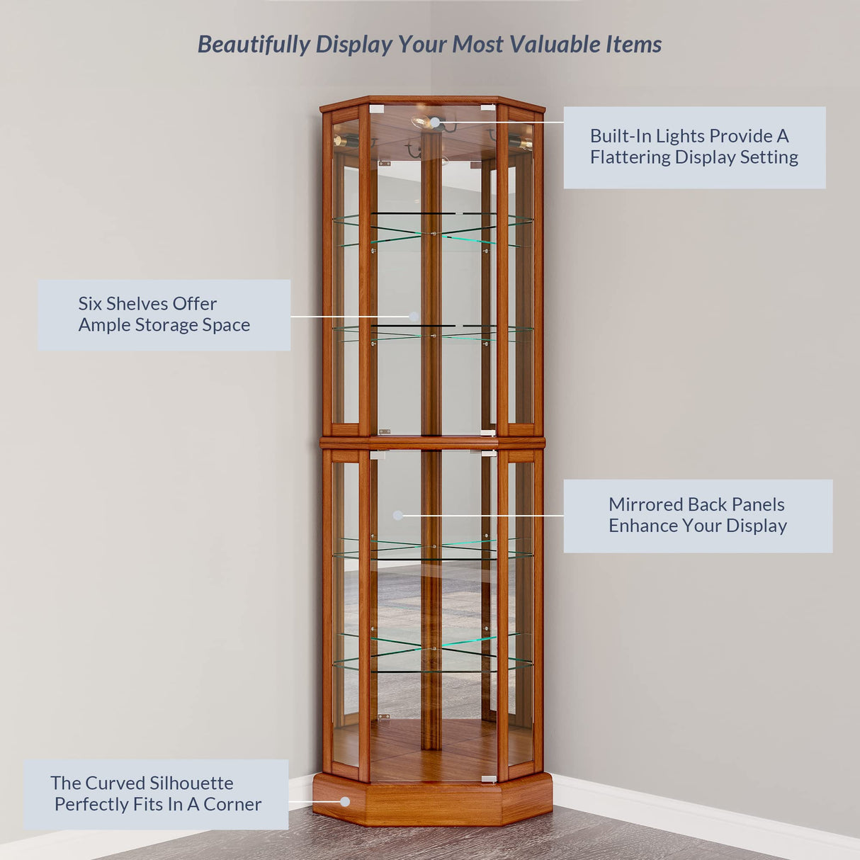 BELLEZE Lighted Curio Cabinet Corner Display Case for Living Room, China Hutch with Tempered Glass Doors and Shelves, Wooden Accent Cabinet, Bar and BELLEZE