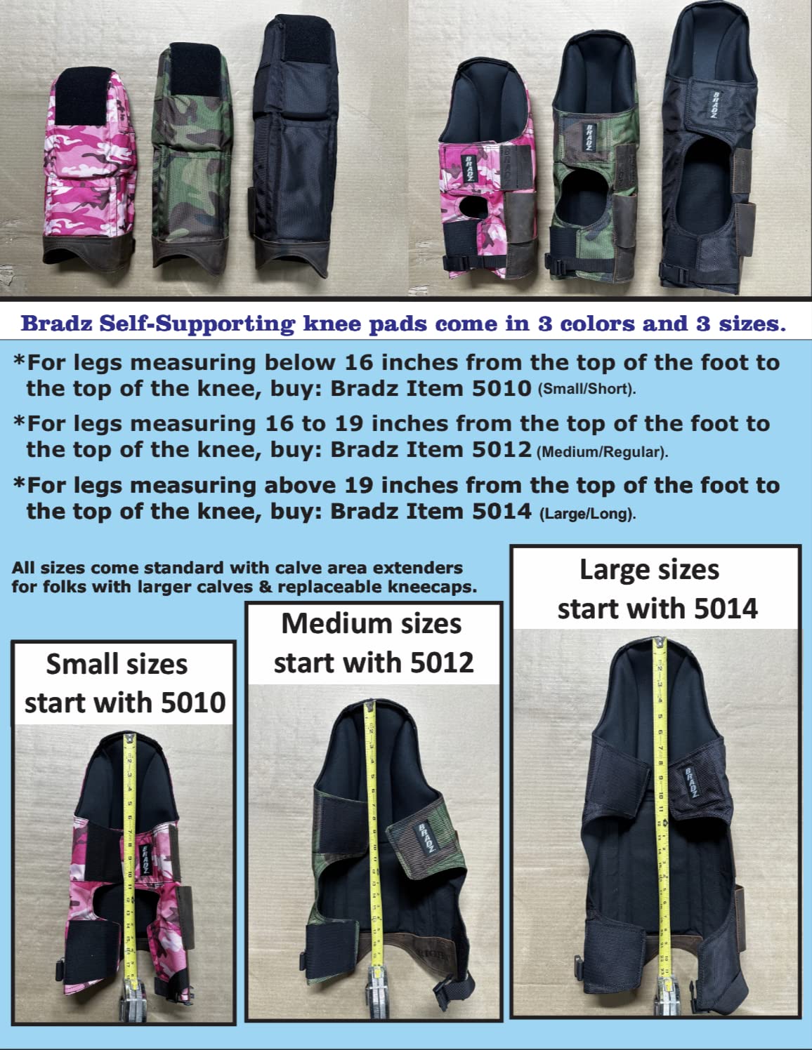 bradz Self-Supporting Knee Pads with built in tool pouches and replacable kneecaps offer open behind the knee all day comfort (5012 Medium, Camo) bradz