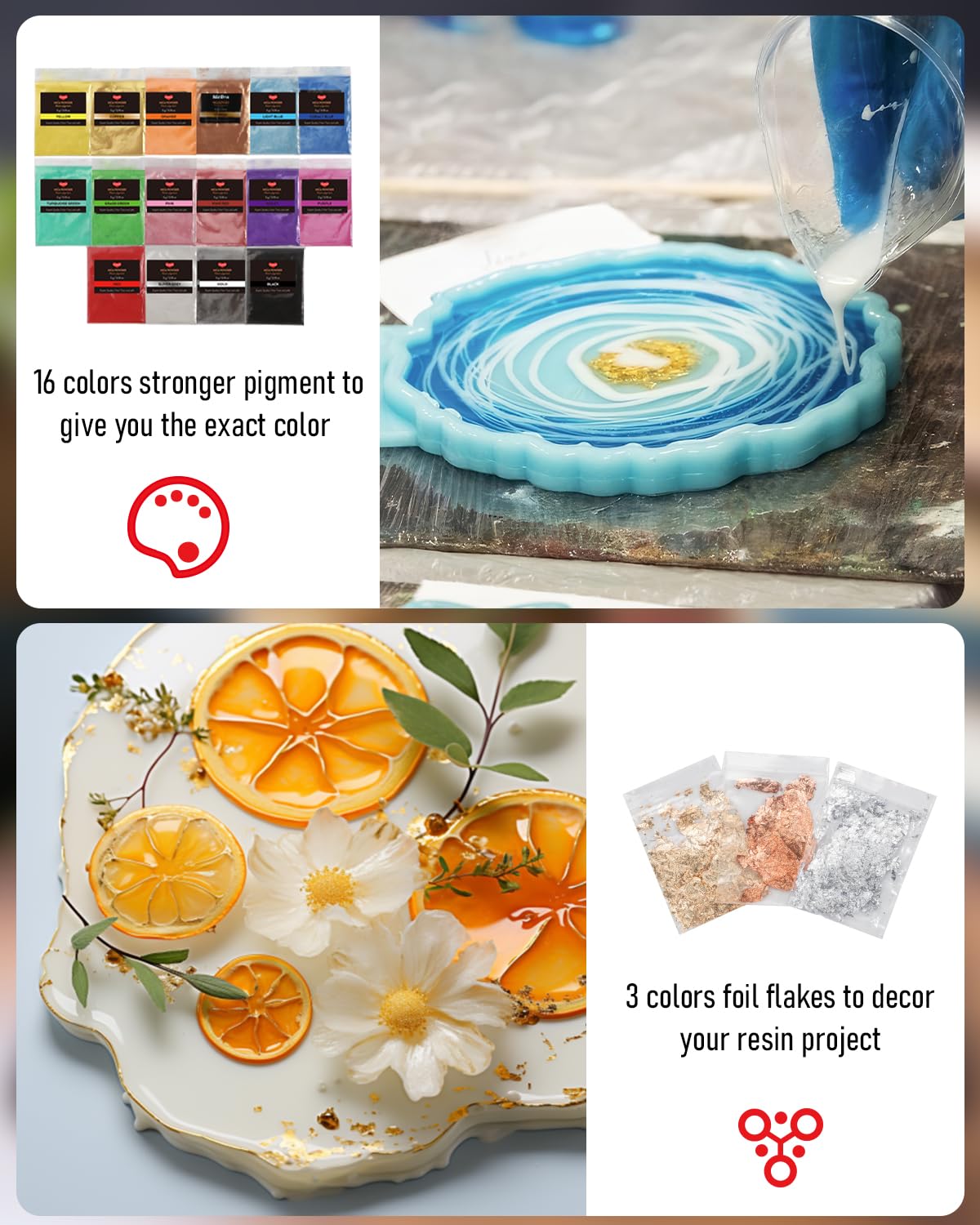 Smallbudi 80 OZ Epoxy Resin Kit with 16 Colors Mica Powder, Gold Foil, Cups & Stick, Crystal Clear Resin Beginner Supplies for Coating and Casting, Smallbudi