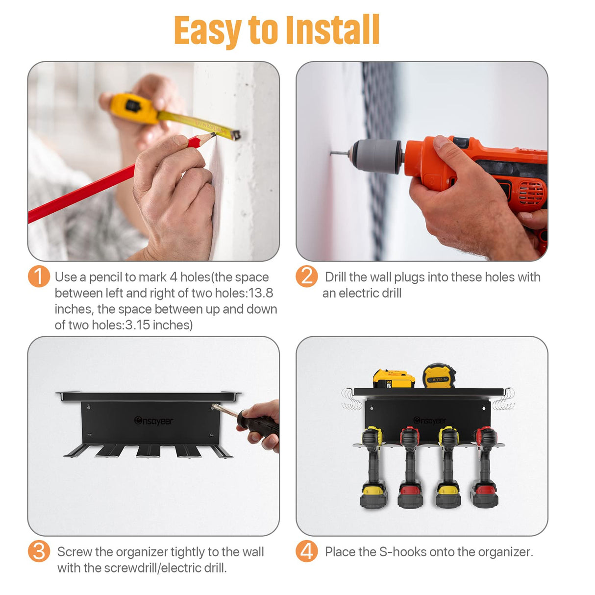Ensayeer Power Tool Organizer, Cordless Drill Storage, Drill Holder Storage Wall Mount Shelf Rack, Charging Station to optimize Garage Organization Ensayeer