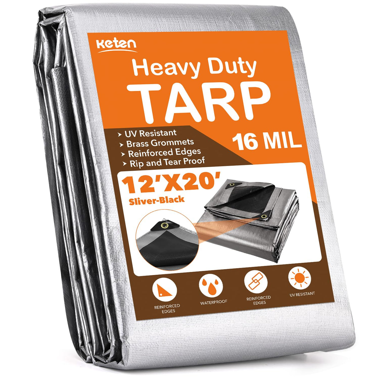 Keten Tarps Heavy Duty Waterproof 12’ X 20’, Extra Thick 16 Mil, Tear & Fade Resistant, 100% UV Blocking, Outdoor Tarp with Reinforced Grommets for Keten