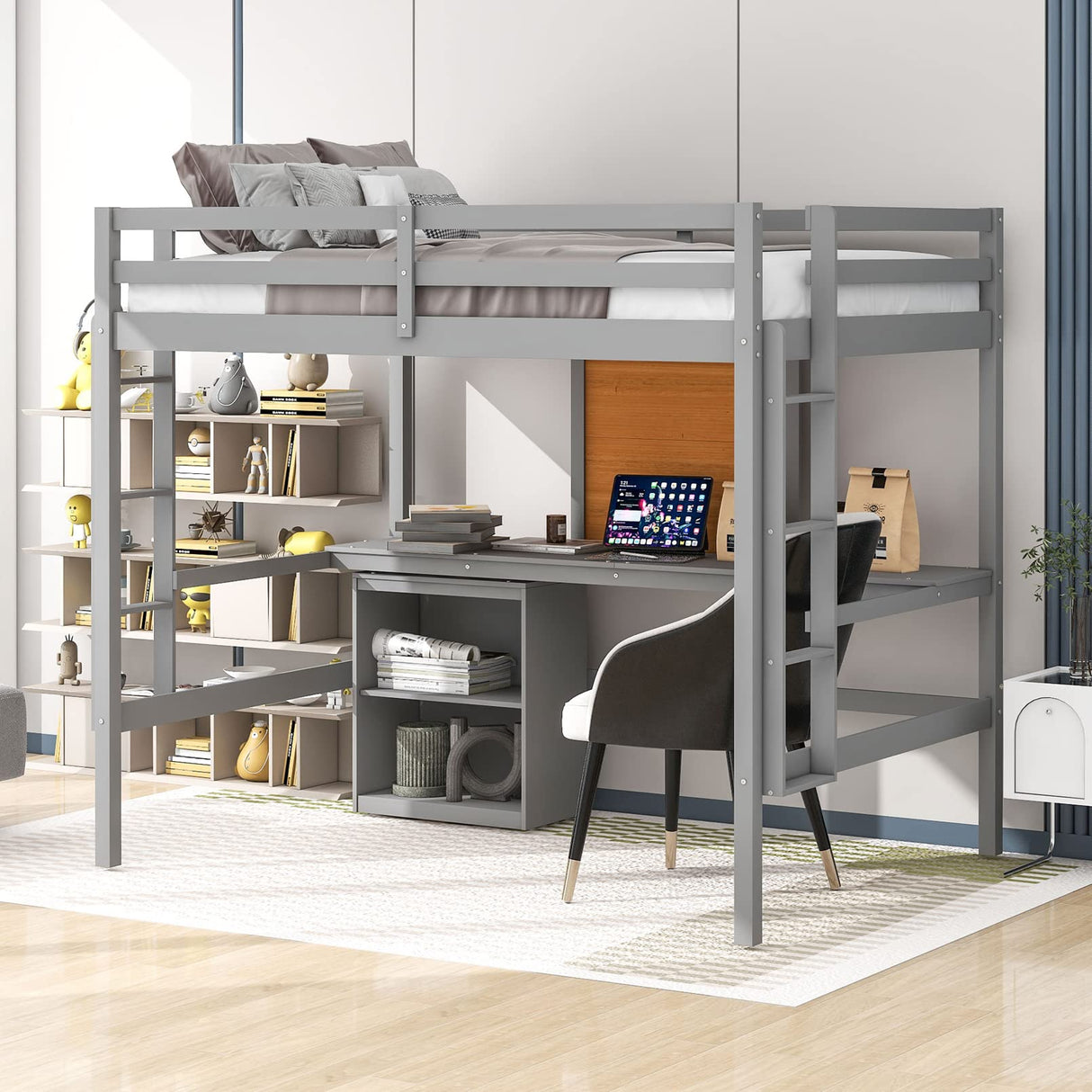 Modern Rustic Grey Loft Bed with Desk, Storage Drawers, and No Box Spring Required TMEOSK