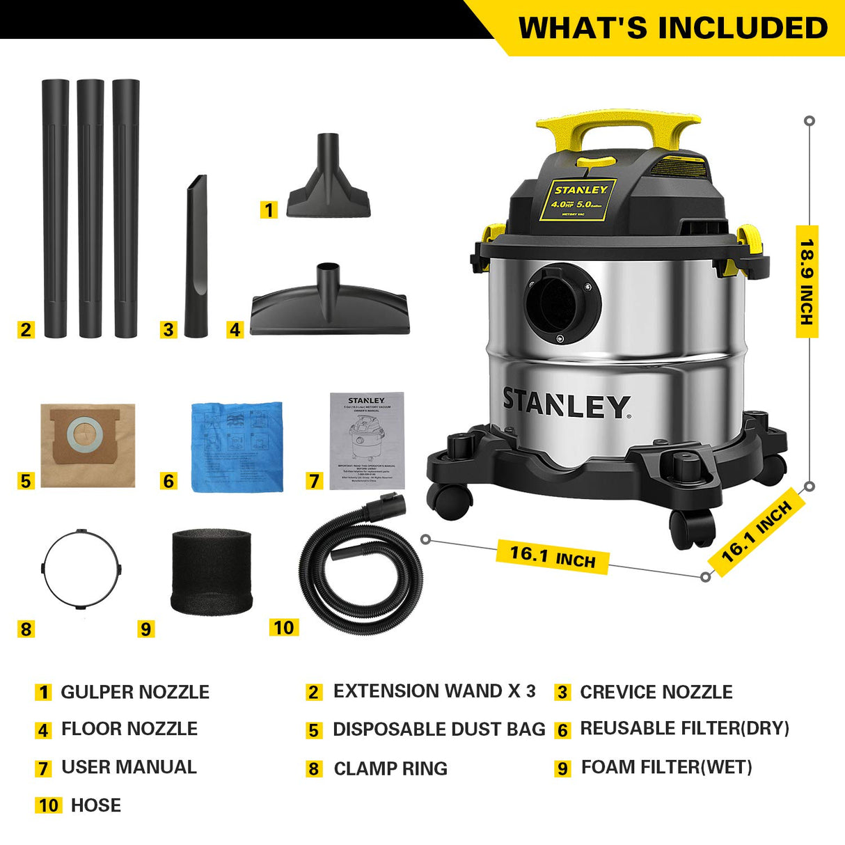 STANLEY SL18115 Wet/Dry Vacuum, 4 Horsepower, Stainless Steel Tank, 5 Gallon, 4.0 HP, 50" Sealed Pressure, Silver+Yellow STANLEY