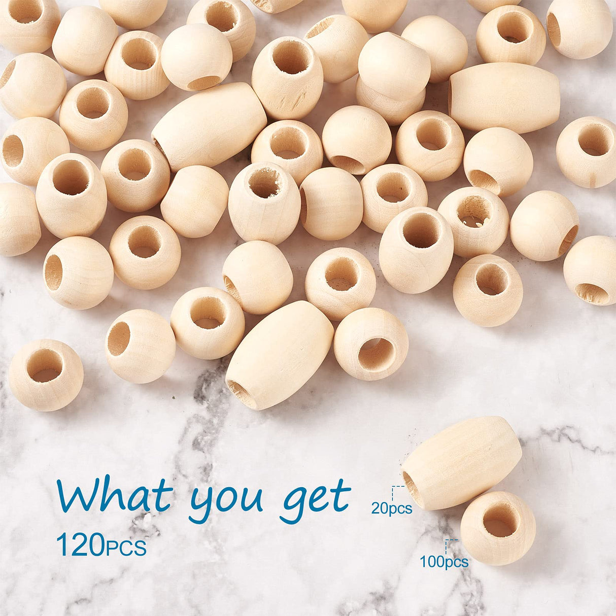 Pandahall 120Pcs Natural Large Hole Wood Beads Oval & Round Unfinished Wooden Loose Spacer Beads for Craft Jewelry Making, Hole:9-10mm PH PandaHall