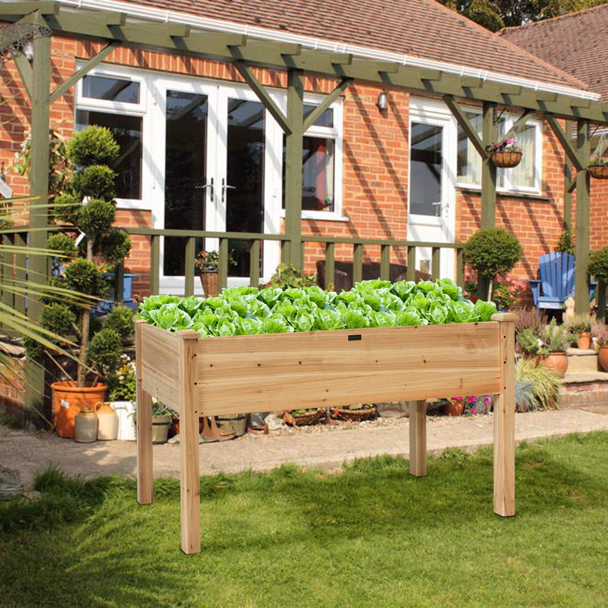 Giantex Raised Garden Bed, Wood Planter Box with Legs, Drain Holes, Elevated Garden Bed for Vegetables, Standing Garden Container Planter Raised Beds Giantex