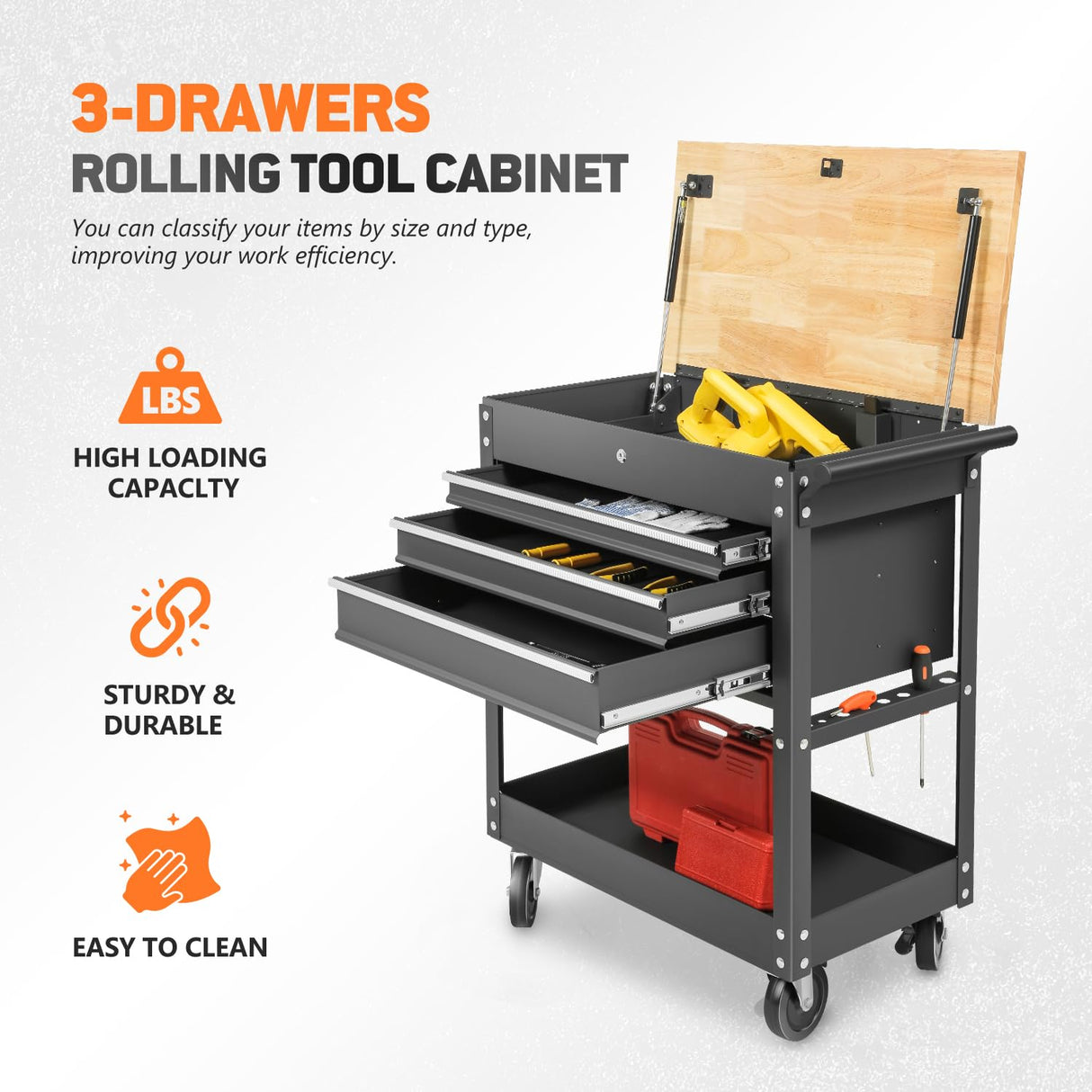 DNA MOTORING 3-Drawers Wood Top Utility Rolling Tool Chest Cabinet with Wheels, Heavy Duty Industrial Service Cart Keyed Locking System, for Garage DNA MOTORING