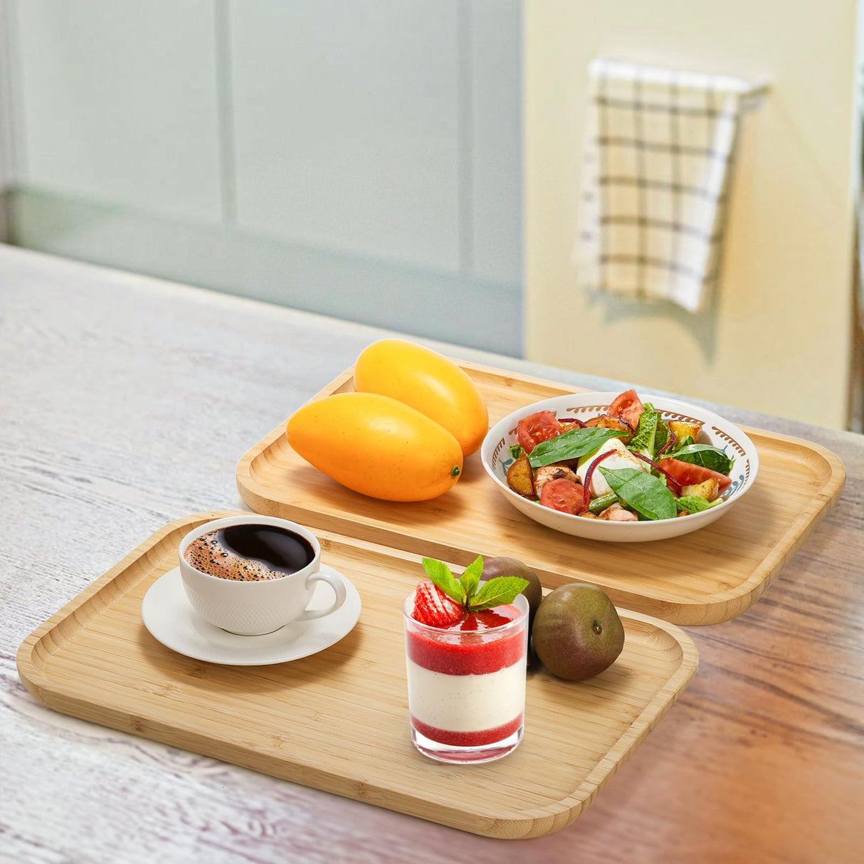 Yarlung 2 Pack Bamboo Tray Cheese Plate, 14x9 Inches Food Serving Saucer Wood Rectangular Platter for Coffee, Tea, Fruit, Plant Pot yarlung