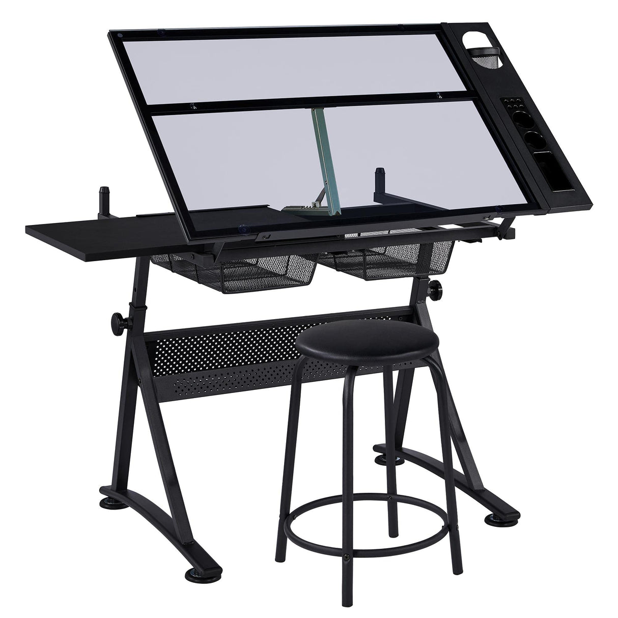 Yaheetech Drafting Table w/Stool Height Adjustable Multifunctional Art Craft Artists Desk Tilting Glass Tabletop Diamond Paintings Work Station w/2 Yaheetech