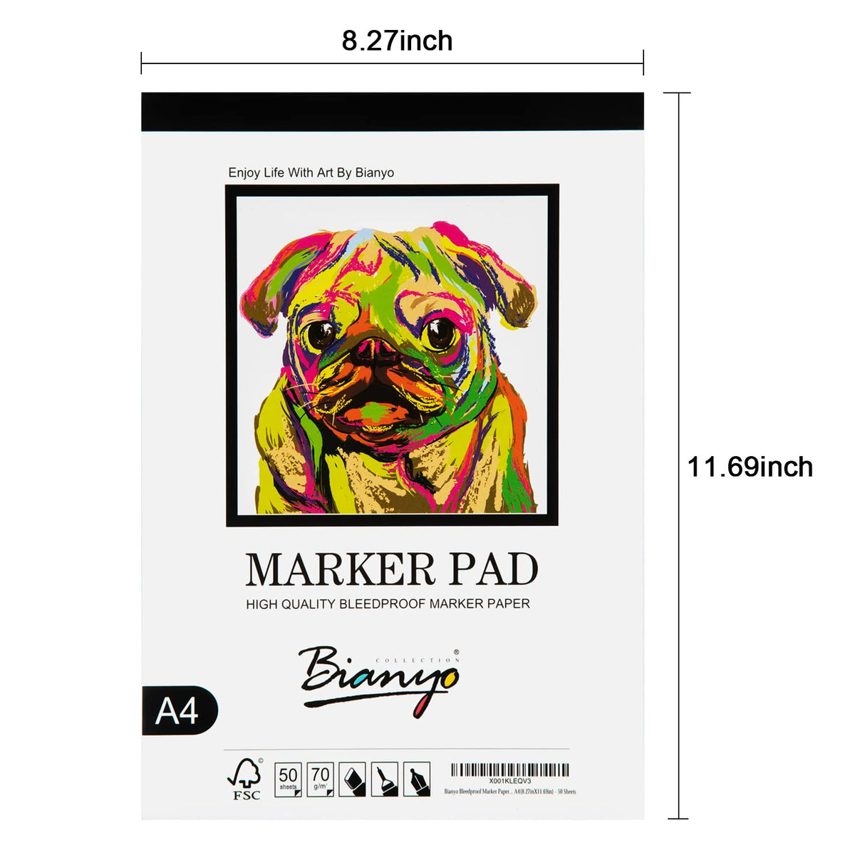 Bianyo Bleedproof Marker Paper Pad, A4(8.27"X11.69"), 50 Sheets, 18 LB / 70 GSM, Glue-Bound, 100% Cotton, White, Ideal for Use with Markers and Ink Bianyo