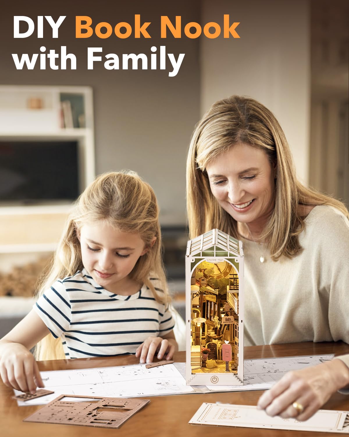 Rowood Book Nook Kits for Adults Bookshelf Insert Decor Alley 3D Wooden Puzzle Bookend DIY Craft Kits for Adults with LED Light - Sunshine Town RoWood