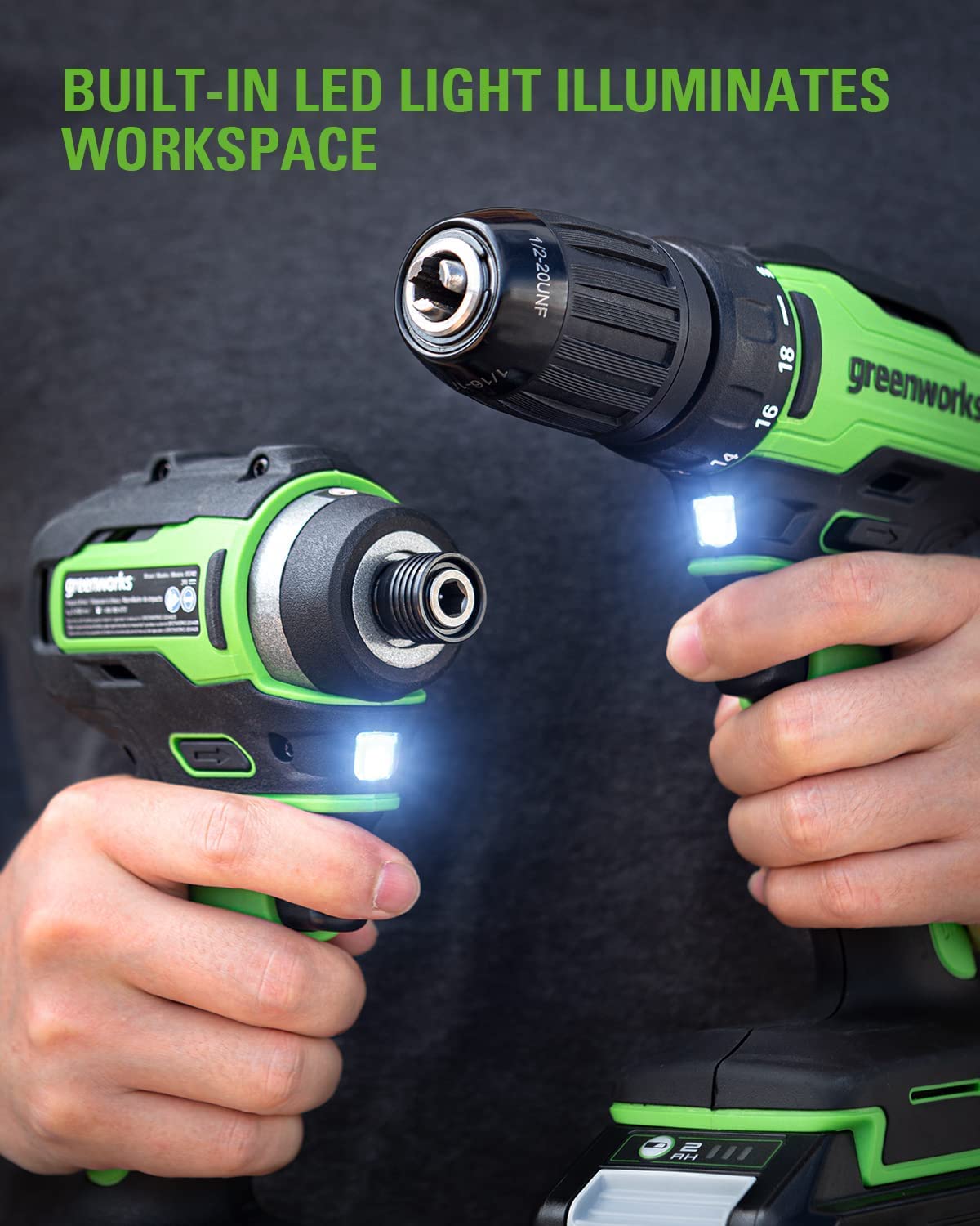 Greenworks 24V Brushless Cordless Drill Impact Driver Combo kit, 1/2”Drill & 1/4”Hex Impact Driver Power Tool Kit, Included 2 Batteries, 1 Charger, 8 Greenworks