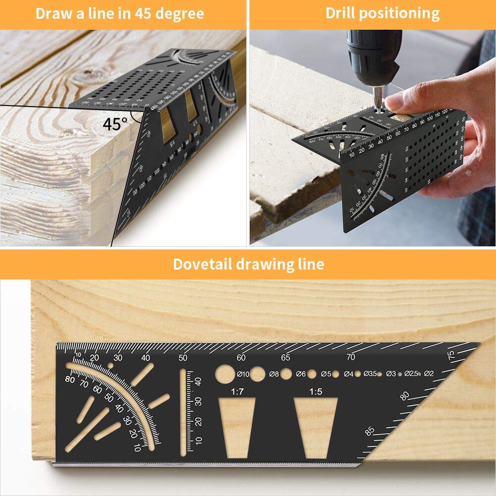 Aluminum Alloy Woodworking Square Size Measure Ruler, welltop 3D Mitre Angle Measuring Tool, Multifunctional 45/90 Degree Angle T Ruler Gauge, for Welltop
