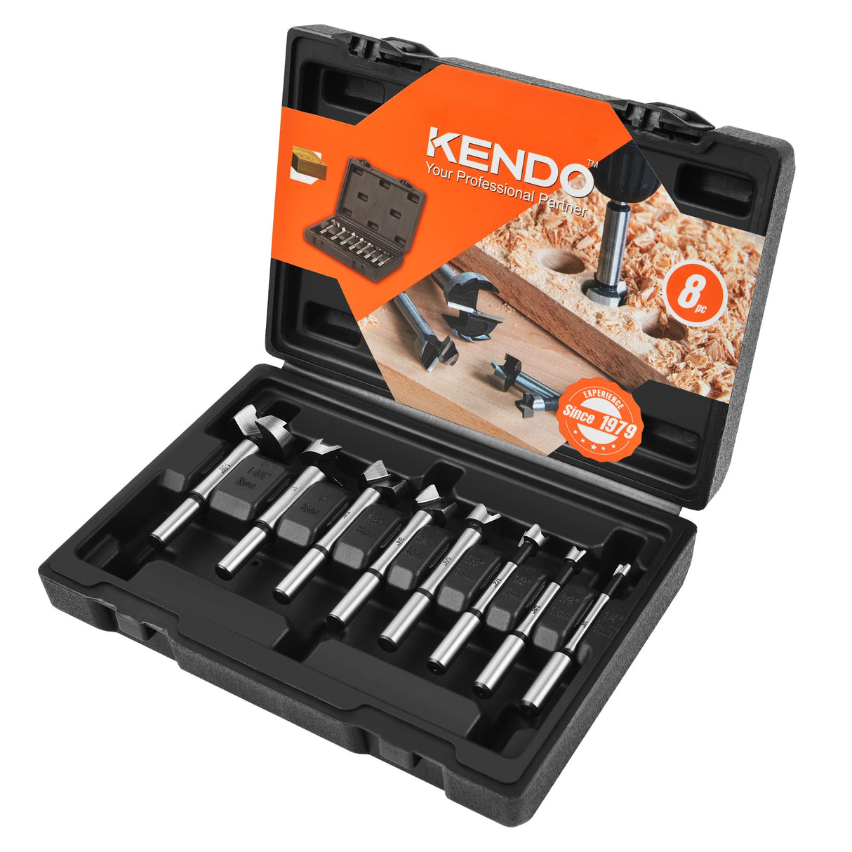 KENDO 8 Piece Forstner Bit Set, Made of Alloy Steel, Forstner Bits for Woodworking, Auger Opener Round Shank Drilling Cutting Tool for Hardwood, Kendo