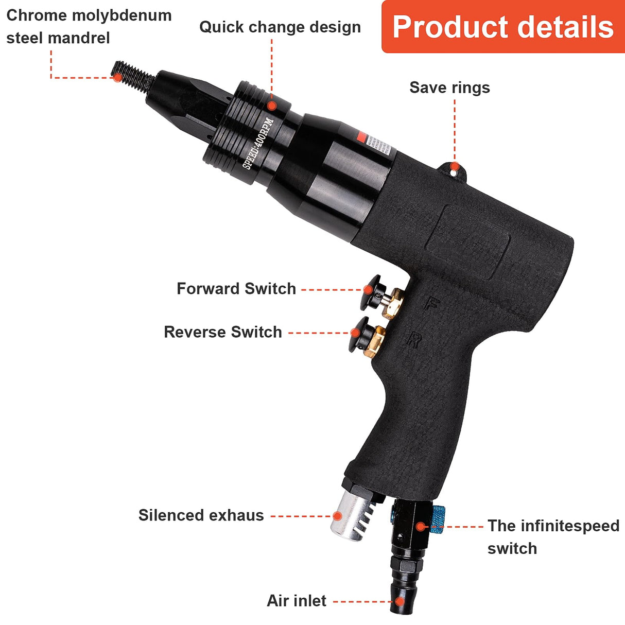 Clatoon Pneumatic Rivet Nut Gun with 10-24 & 1/4 & 5/16 & 3/8 Self-Locking Head, Adjustable Speed Air Rivet Gun, Air Rivet Nut Tool Kit with 4 Size Clatoon