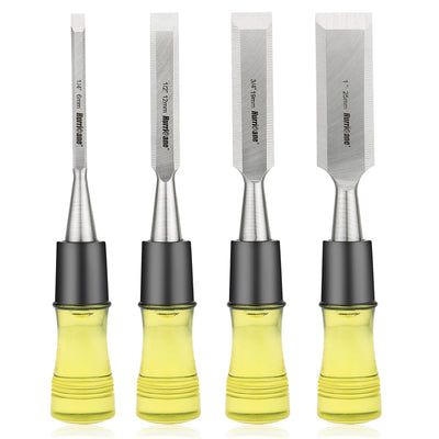 HURRICANE 4 Piece Wood Chisel Set for Woodworking, CRV Steel Beveled Edge Sharp Blade with Caps, Extra Large Size Durable PVC High Impact Handle,