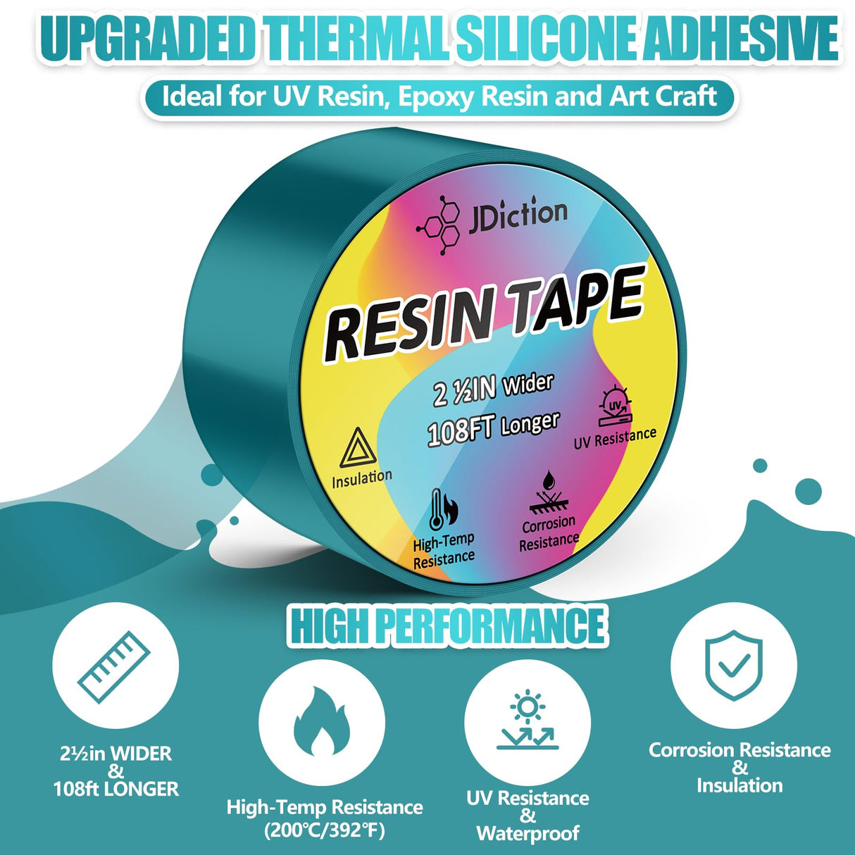 JDiction UV Resin Tape for Epoxy Resin Molding, 2.5IN W x 108FT L Resin Tape, 392℉ Heat Resistant Anti-Corrosion, Easy Peel, Epoxy Resin Tape for JDiction