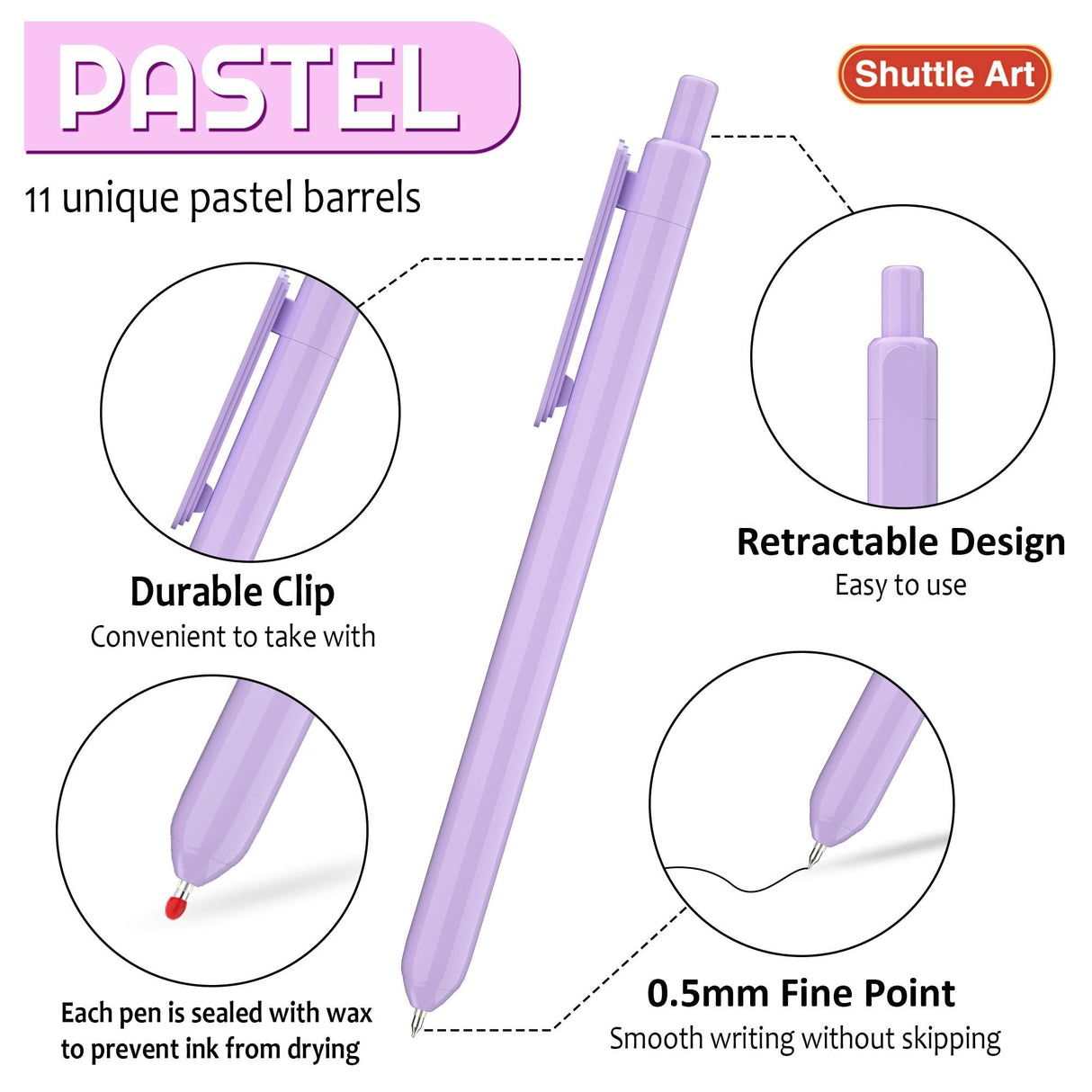 Shuttle Art Retractable Pastel Gel Ink Pens, 11 Pack Black Ink Pens, Cute Pens 0.5mm Fine Point for Writing Journaling Taking Notes School Office Shuttle Art