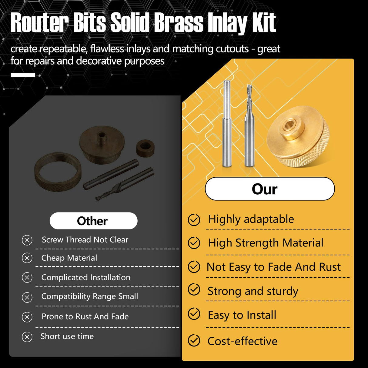 71333 Solid Brass Router Inlay Set for 1/4 Templates High RPM Routing, Includes 1/8" Carbide Spiral Bit + 1/4 Shank, Universal Quick Change Bushing, Ahuliao