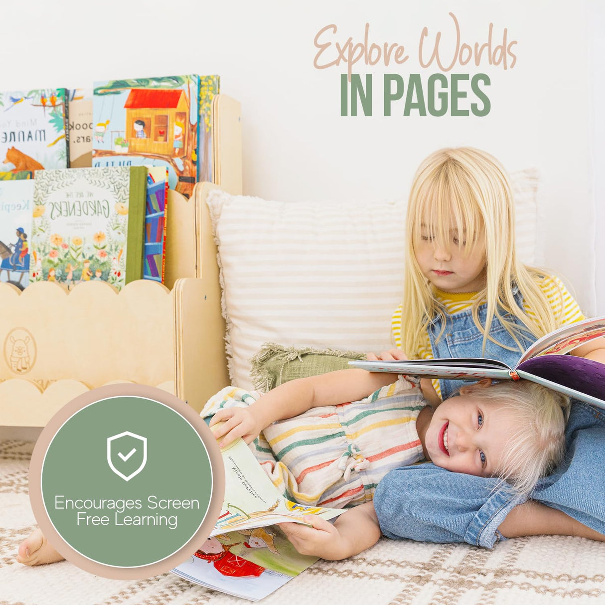 Fable Twig Scalloped Edge Wooden Kids Bookshelf - 3-Tier Montessori Book Organizer for Playroom and Nursery Fable Twig