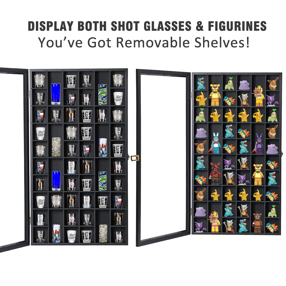 Shot Glass Display Case Large Wooden Cabinet Rack Holder Wall Mounted Black Shadow Box Lockable with UV Protection Acrylic Glass Door Shot Glass Snail