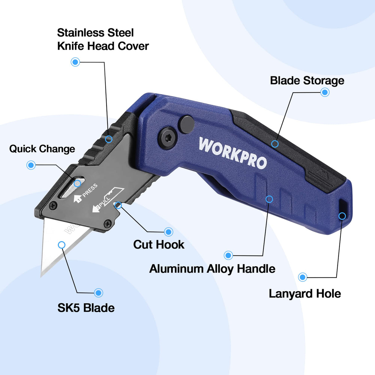 WORKPRO Folding Utility Knife, Quick Change Box Cutter, Razor Knife for Cartons, Cardboard, Boxes, Blade Storage in Aluminum Handle, 13 Extra Blades WORKPRO
