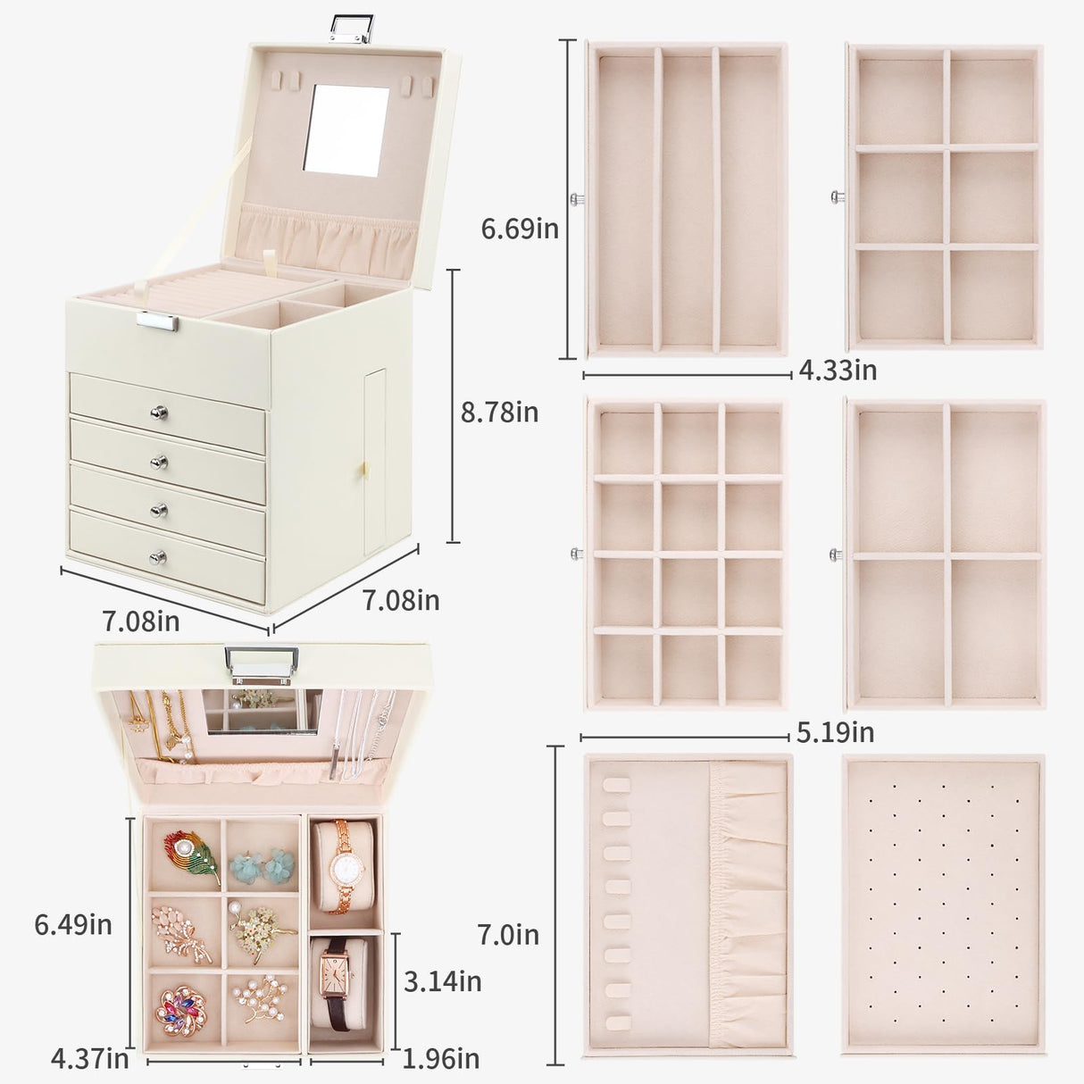 DesignSter Jewelry Organizer Box, 5 Layers Jewelry Box with side compartment, Large Leather Jewelry Storage Case With Mirror For Necklaces Earrings DesignSter