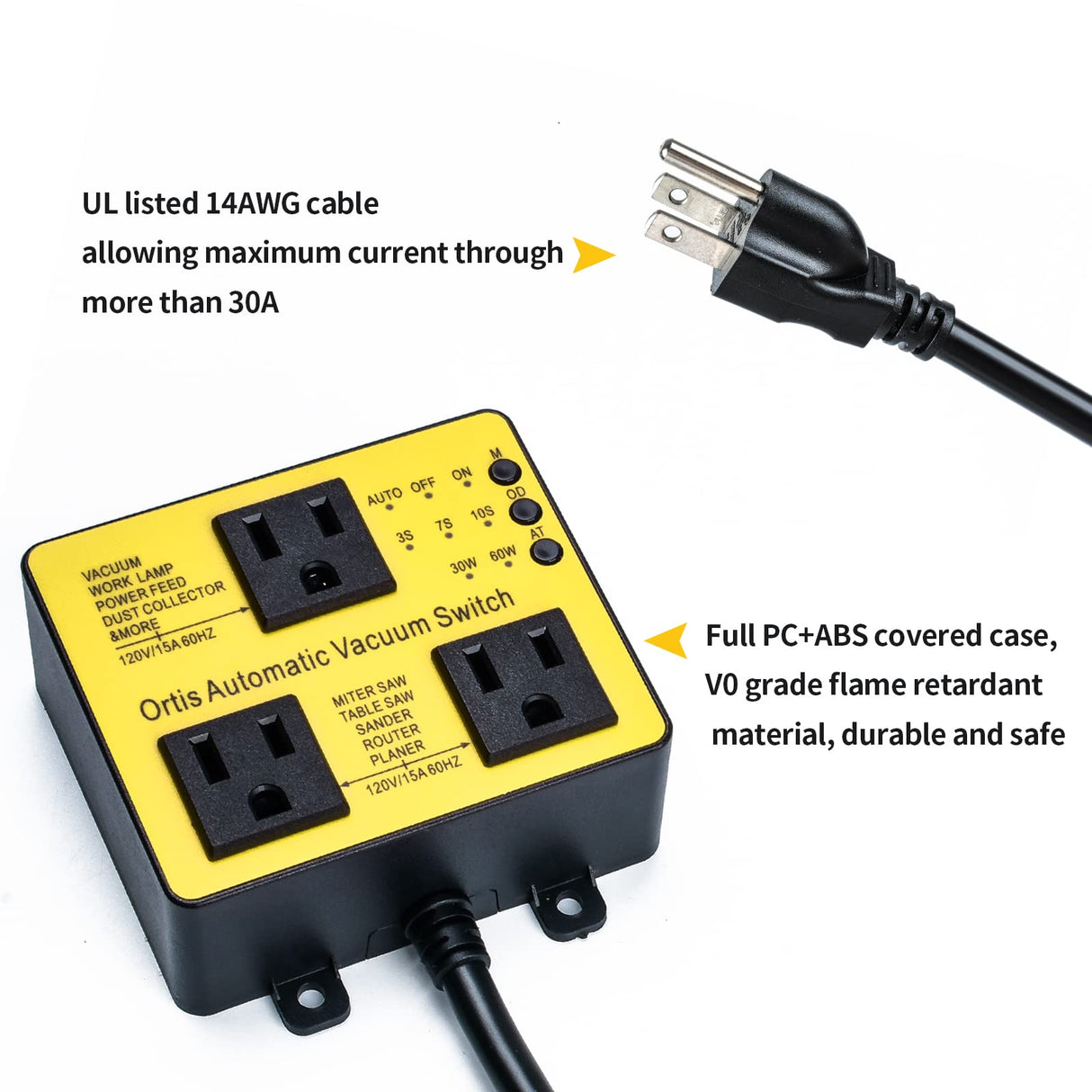 Automatic Vacuum Switch with Extra Outlet for Using More Power Tools, Ortis Dust Control Autoswitch Delay Vacuum On/Off to Prevent Circuit Overload Ortis