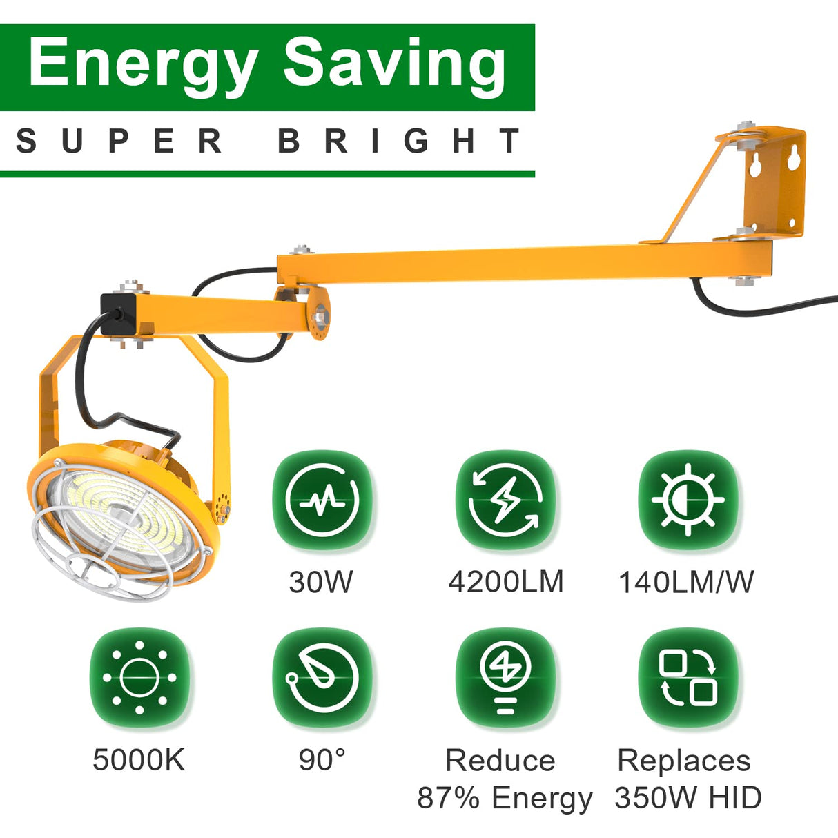 OSTEK LED Loading Dock Lights 30W with Swing Single Folding Arm 4,200LM, 360° Rotatable Lamp Head, IP65 Heavy Duty Wall Mounting Workbench Light for OSTEK