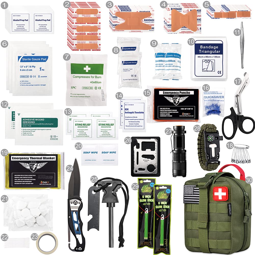 EVERLIT 250 Pieces Survival First Aid Kit IFAK EMT Molle Pouch Survival Kit Outdoor Gear Emergency Kits Trauma Bag for Camping Boat Hunting Hiking EVERLIT