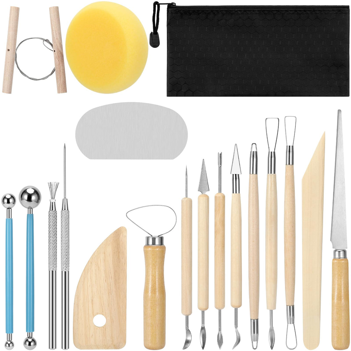 Blisstime 18PCS Clay Sculpting Tools, Basic Clay Pottery Carving Tool Kit with Wooden Handles and Tool Bag Blisstime