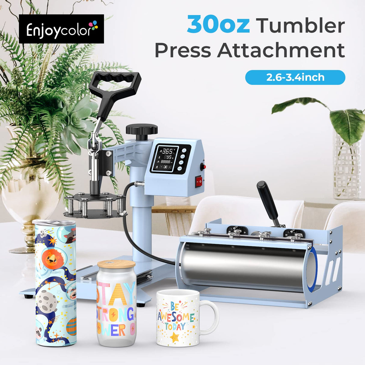 Pro 15x15 Heat Press with 30 OZ Tumbler Attachment, 5in1 Combo Tumbler Heat Press for T-Shirts, Tumblers Glass Cans Mugs Hats, and Plates EnjoyColor
