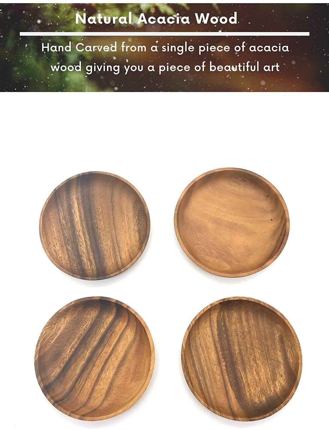 Acacia Handmade Wood Carved Plates - Set of 4 Calabash Bowls Size 4" (Round) BSRN